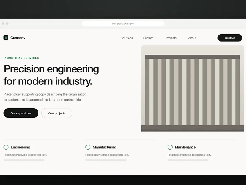 Minimal desktop browser mockup showcasing precision engineering corporate website layout