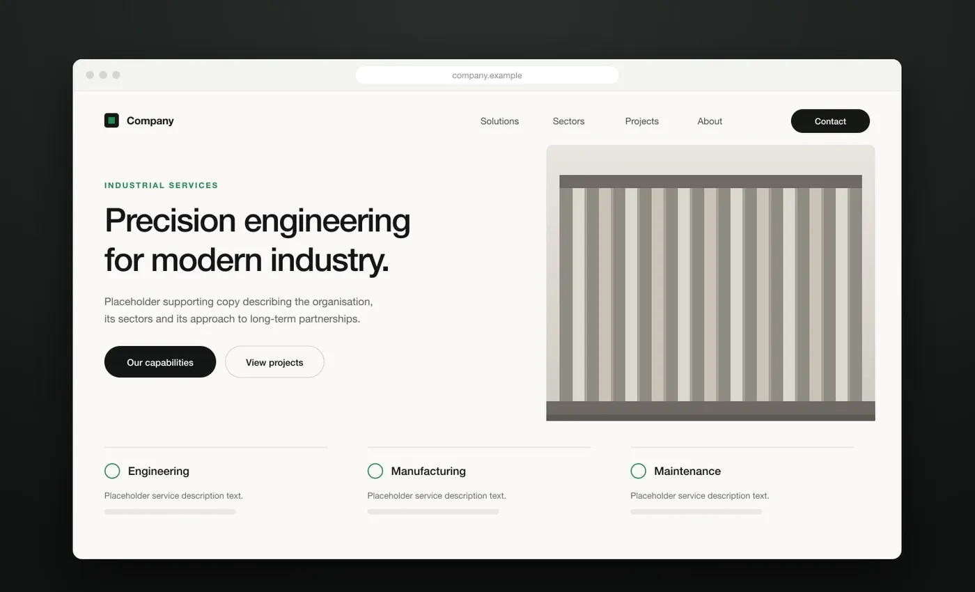 Minimal desktop browser mockup showcasing precision engineering corporate website layout