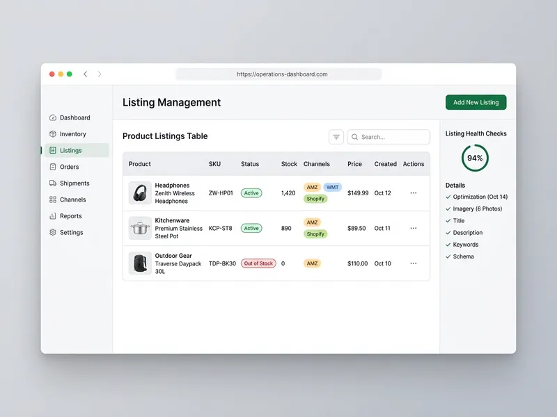 Listing management dashboard showing multi-channel product health and status indicators