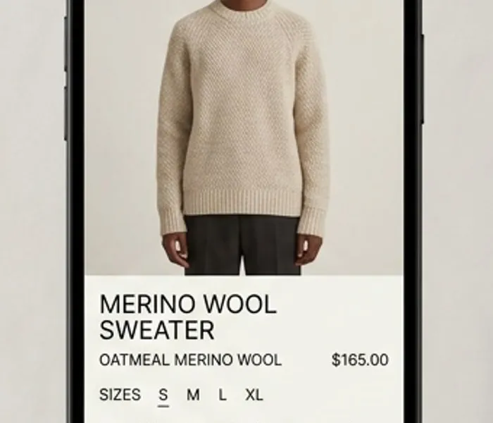 Detail of the clean mobile product detail screen and size selection interface