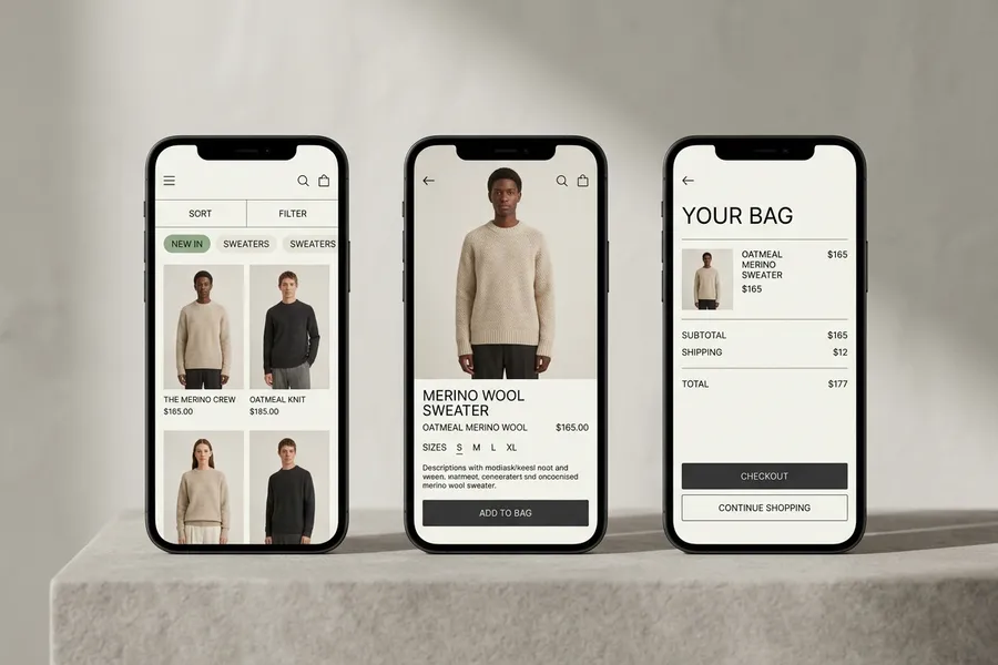 Responsive mobile views of product browsing and cart checkout