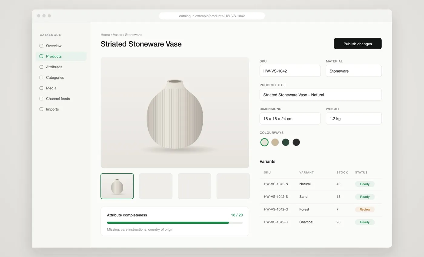 Product attribute management screen showing variant rows, completeness metrics, and swatch palettes
