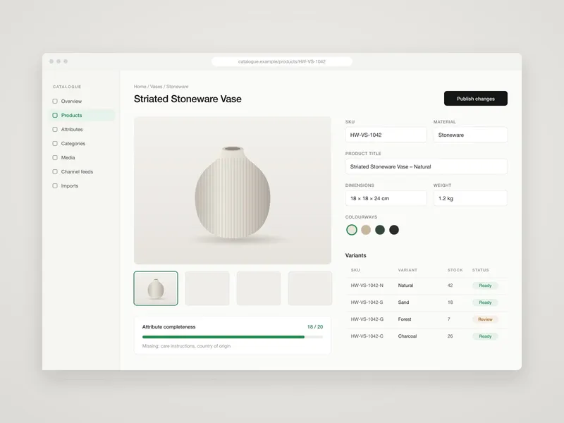 Product attribute management screen showing variant rows, completeness metrics, and swatch palettes