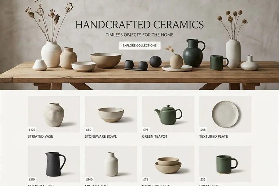 Detail view of the ceramic collection display and typographic hierarchy