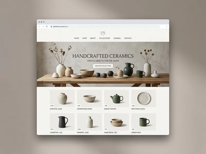 Desktop browser view of the minimalist handcrafted ceramics online store