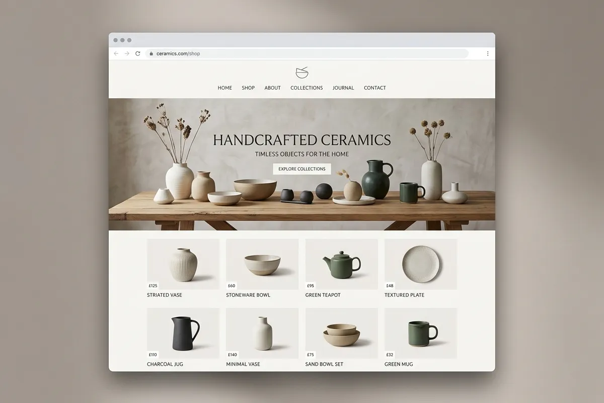 Desktop browser view of the minimalist handcrafted ceramics online store