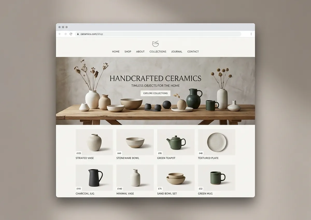 Desktop browser view of the minimalist handcrafted ceramics online store