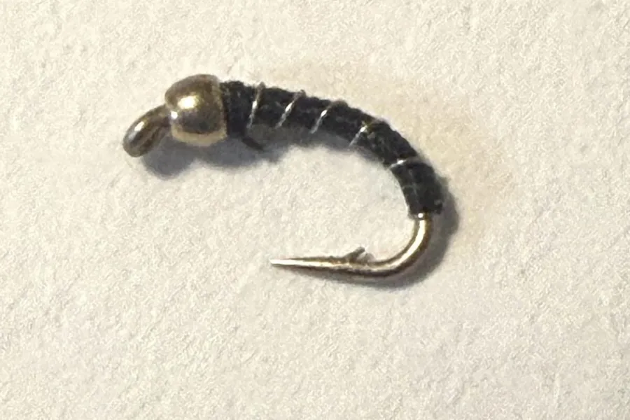 Hand-tied Zebra Midge trout fly pattern detail with technical specifications
